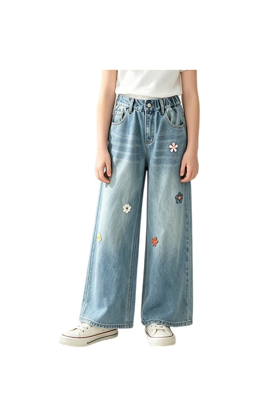 Girls Flower Baggy Jeans Wide Leg Straight Cute Elastic Waist Denim Pants Streetwear Distressed Washed Casual Trousers Girls’ Jeans Straight Leg Fall