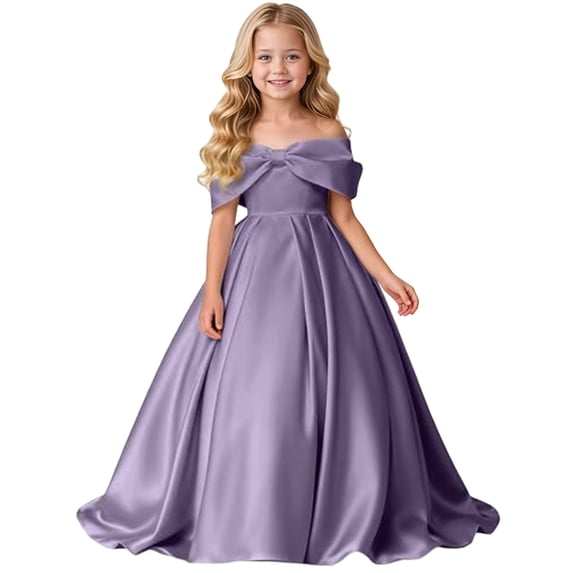 EnJoCho Girls Formal Dress Off Shoulder Satin Big Bow A Line Floor Length Gown For Little Girls Wedding Flower Girl Birthday Party Evening Wear