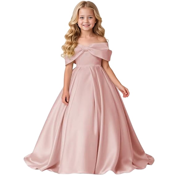 EnJoCho Girls Formal Dress Off Shoulder Satin Big Bow A Line Floor Length Gown For Little Girls Wedding Flower Girl Birthday Party Evening Wear