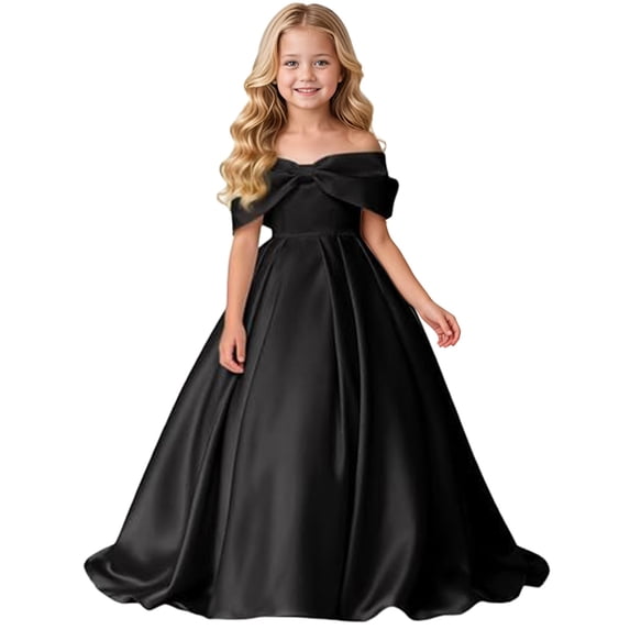 EnJoCho Girls Formal Dress Off Shoulder Satin Big Bow A Line Floor Length Gown For Little Girls Wedding Flower Girl Birthday Party Evening Wear