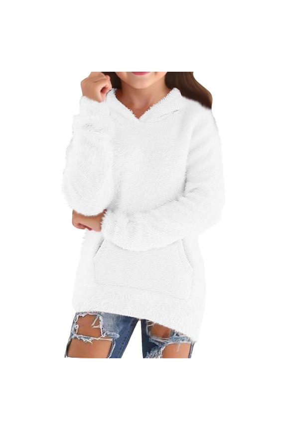 Girls Fuzzy Hoodie Sher𝗉a Fleec𝖾 Pullover Sweater Chun𝗄y Warm Winter Long Sleeve Loose Soft Thick Hooded Top Cozy Fashion