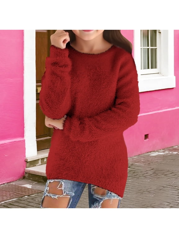 Girls Fuzzy Sweater Crewneck Long Sleeve Pullover Top Soft Fluffy Warm Knit Casual Oversized for Kids Teens Little Girls Fall Winter School