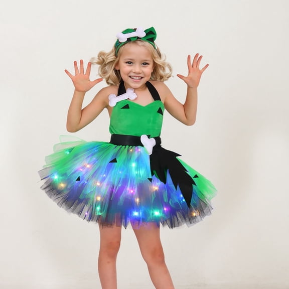 EnJoCho Girls Glow Halloween Dress with Bone Headdress, Sparkling Par𝗍y Shirt & Dress Accessories Set