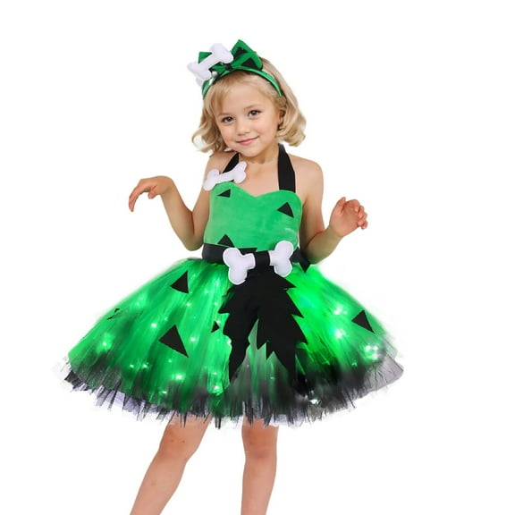 EnJoCho Girls Glow Halloween Dress with Bone Headdress, Sparkling Par𝗍y Shirt & Dress Accessories Set