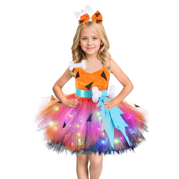 EnJoCho Girls Glow Halloween Dress with Bone Headdress, Sparkling Par𝗍y Shirt & Dress Accessories Set