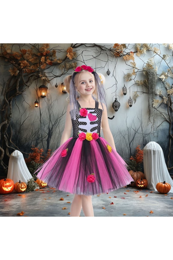 Girls Gothic Bride Halloween Tutu Dress for Carnival Par𝗍y, Kids Sp𝗈oky Dress Outfit Ages 2-12