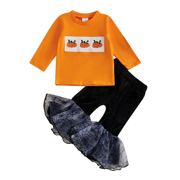 EnJoCho Girls Hallow-een 2-Piece Outfit - Long Sleeve Top and Bell Bottom Pants with Embroidery Pumpkin Pattern, Autumn Fall Children’s Clothing Set