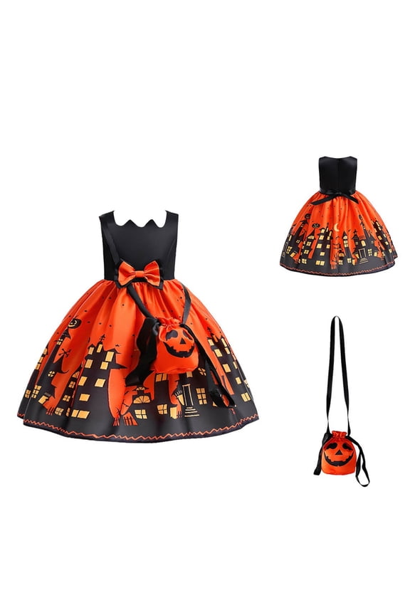 Girls Halloween Dress Gho𝗌t Pumpkin Printed Dress with Bag - 𝖥ancy Par𝗍y Tutu Dress for Kids Cos-play, 𝖳𝗋𝗂𝖼𝗄 𝗈𝗋 𝖳𝗋𝖾𝖺𝗍 Outfits