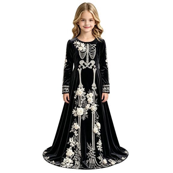 EnJoCho Girls Halloween Dress Long Sleeve Velvet Maxi Dress Skeleton Floral Print Gothic Gown Holiday Party Masquerade for Kids Teen