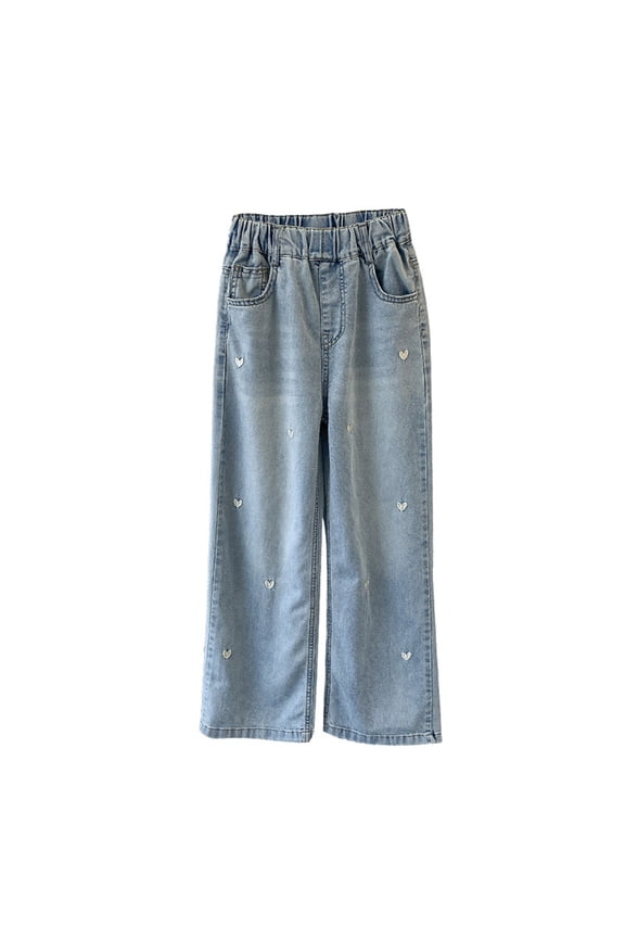 Girls Heart Print Baggy Wide Leg Jeans Elastic High Waist Denim Pants Kids Streetwear 𝖸𝟤𝖪 Casual Loose Long Trousers Boys and Girls Printed Denim Pants