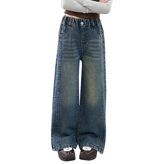 EnJoCho Girls High Waist Baggy Wide Leg Jeans Kids Casual Loose Elastic Waist Denim Pants Streetwear Straight Leg Trousers with Pocket Stretch Comfort Jeans