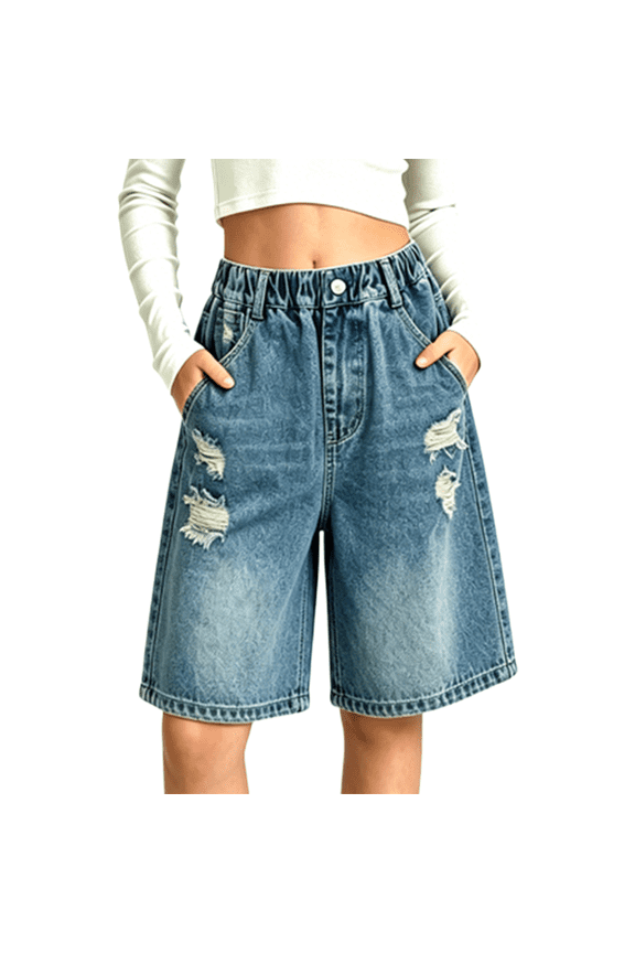 Girls High Waist Summer Denim Shorts Ripped Jean Shorts for Girls Y2𝖪 Baggy High Waisted Cute Jorts Kids Retro Washed Denim Shorts Summer Casual Hot Pants