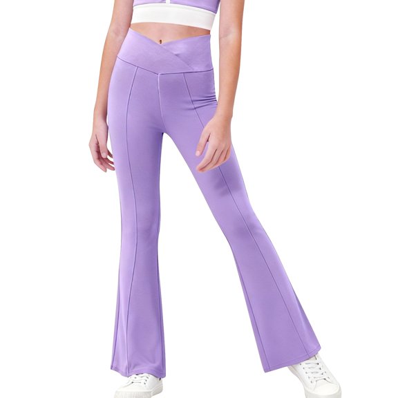 EnJoCho Girls High Waisted Flare Leggings Yoga Bootcut Pants Solid Color Full Length Bell Bottoms Cross Stretchy Dance Trousers 70s Style