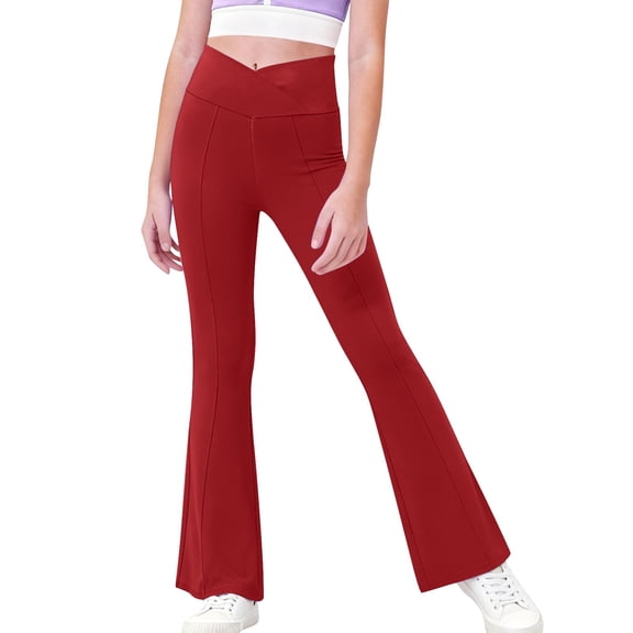 EnJoCho Girls High Waisted Flare Leggings Yoga Bootcut Pants Solid Color Full Length Bell Bottoms Cross Stretchy Dance Trousers 70s Style