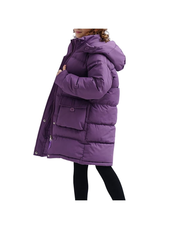 Girls Hooded Long Puffer Parka, Heavyweight Windproof Quilted Padded Outerwear with Pockets, Warm Insulated Winter Coat, Kids Down Alternative Jacket