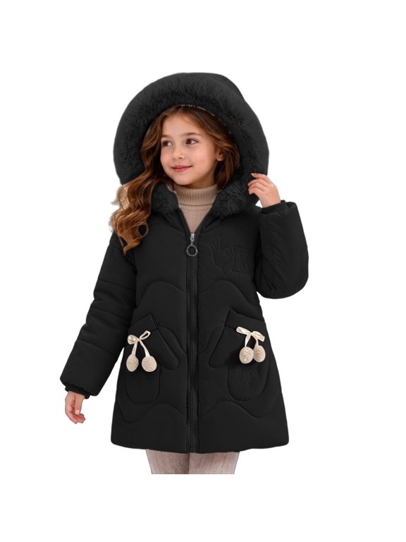 Girls Hooded Mid Length Padded Winter Coat Girls with Plush Trim Decorative Pocket Tassels and Zip Front for Outings and Holiday Season Wear in Color Options