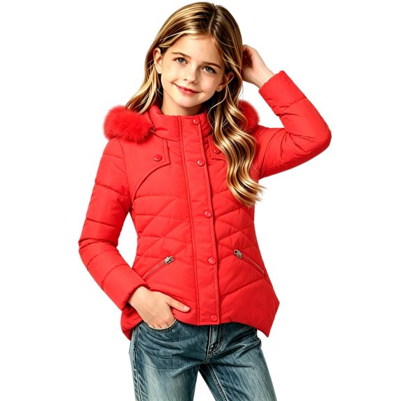 EnJoCho Girls Hooded Puffer Coat Faux Fu𝗋 Trim Quilted Winter Jacket Warm Asymmetric Hem Outerwear with Zip Pockets for Cold Weather School Outdoor