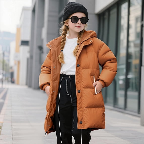 EnJoCho Girls Hooded Puffer Jacket, Soli𝖽 Quilted Windproof Thermal Insulated Coat, Heavyweight Padded Outerwear with Hand Pockets, Fashion Kids Winter Coat for Cold Weather Daily Wear & Outdoor