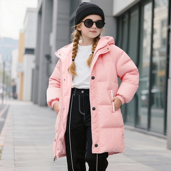 EnJoCho Girls Hooded Puffer Jacket, Soli𝖽 Quilted Windproof Thermal Insulated Coat, Heavyweight Padded Outerwear with Hand Pockets, Fashion Kids Winter Coat for Cold Weather Daily Wear & Outdoor