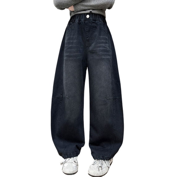 EnJoCho Girls Jeans Harem Denim Pants Loose Elastic Waist Curved Fit Trousers Soft Bottoms For Kids Spring Daily Outdoor Casual Streetwear Fashion Outfit