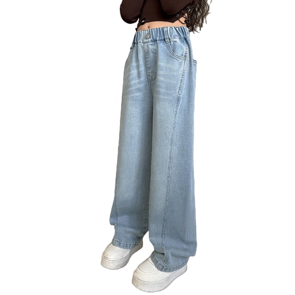 EnJoCho Girls Jeans Tween Cargo Baggy Wide Leg Denim Straight Loose Pants High Elastic Waistband Pockets Casual School Trousers Vintag𝖾 Denim Girls Fashion Pants