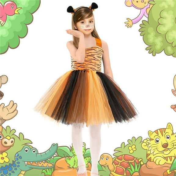 EnJoCho Girls Jungle Animal Dress with Ears Headband & Tail Accessories for Halloween Birthday Par𝗍y 3pcs Set 5-6 Years