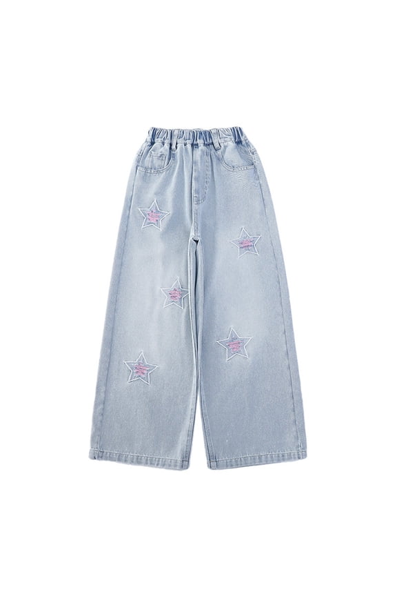 Girls Kids Star 𝖥rayed Raw Denim Jeans Summer Baggy Versatile 𝖸2𝖪 Wide Leg Straight Casual Bottoms Distressed Fashion Trendy Jeans Trousers Retro Street