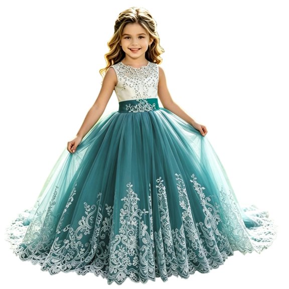 EnJoCho Girls Lace Tulle Gown Sleeveless Rhinestone Bodice Floor Length Formal Pageant Dress Satin Sash Flower Girl Wedding Ball Gown Birthday Party