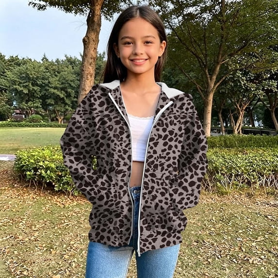 EnJoCho Girls Leopard Print Hoodie Zip Up Full Zip Hooded Sweatshirt Jacket Long Sleeve Fleece Lined Casual Fall Winter Coat with Pockets for Kids Teens
