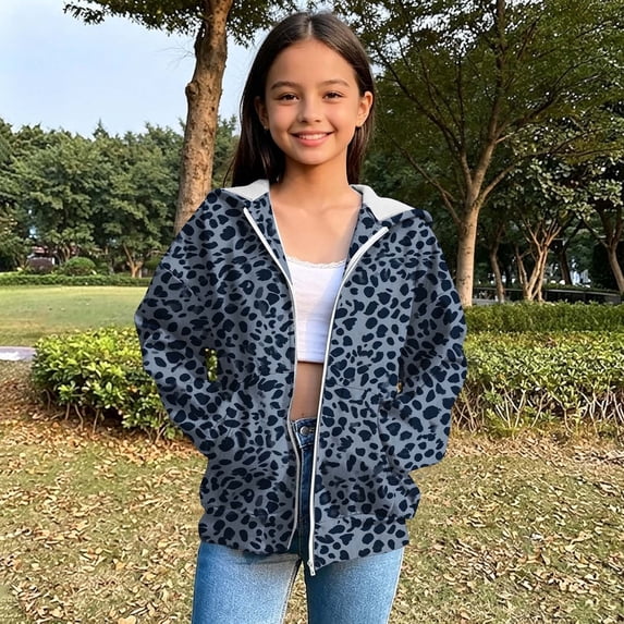 EnJoCho Girls Leopard Print Hoodie Zip Up Full Zip Hooded Sweatshirt Jacket Long Sleeve Fleece Lined Casual Fall Winter Coat with Pockets for Kids Teens