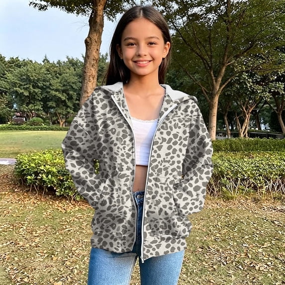 EnJoCho Girls Leopard Print Hoodie Zip Up Full Zip Hooded Sweatshirt Jacket Long Sleeve Fleece Lined Casual Fall Winter Coat with Pockets for Kids Teens