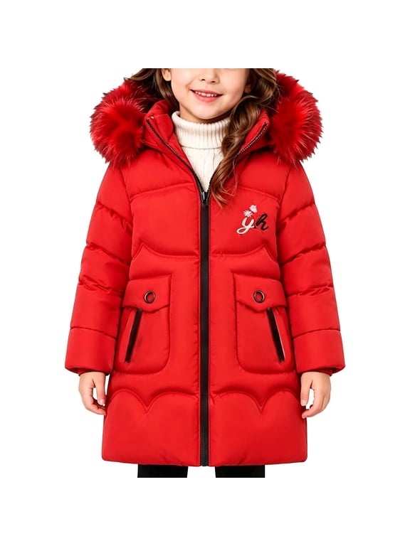 Girls Long Puffer Coat Faux Fu𝗋 Trim Hooded Winter Parka Warm Quilted Jacket with Heart Embroidery Pockets for Fall Outdoor School Daily Wear 5-14Y