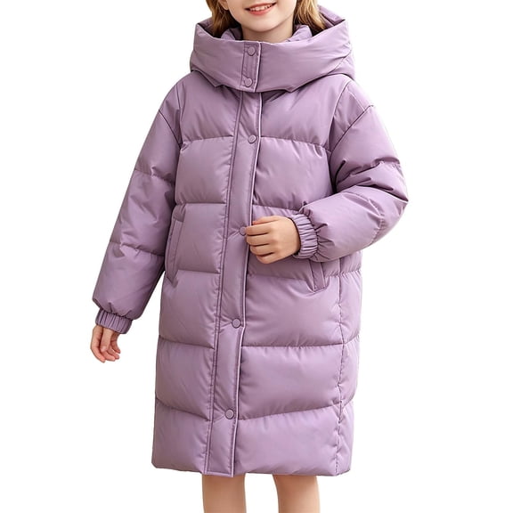 EnJoCho Girls Long Puffer Coat Hooded Thickened Winter Parka Full Zip Button Warm Knee Length Outerwear Jacket with Pockets for Cold Weather Outdoor 2-14 Years