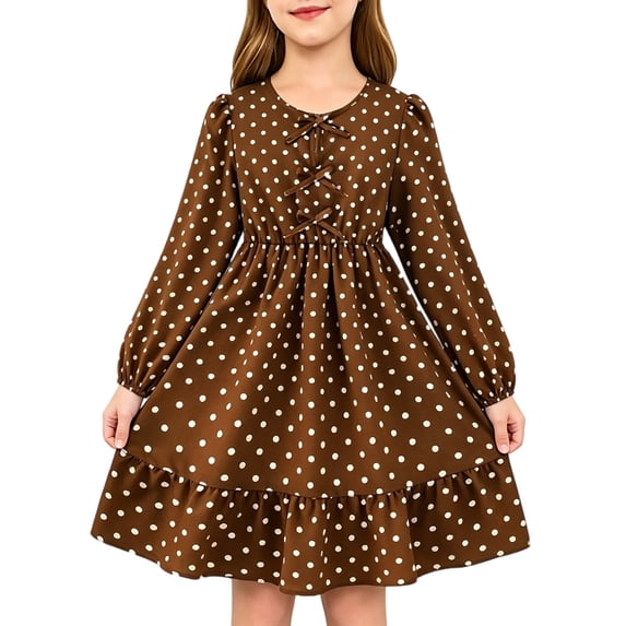 EnJoCho Girls Long Sleeve Dress Polka-Dot A Line Midi Dress Puff Sleeve Bow Front Ruffle Hem Casual Fall Winter Party School Dress for Kids Teen Girls