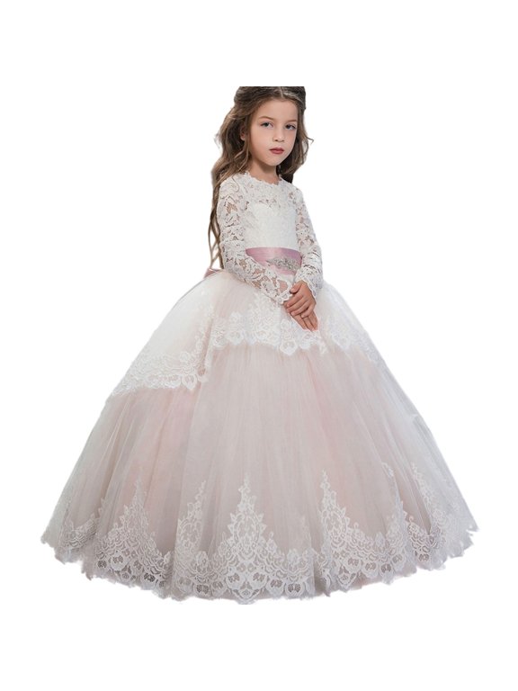 Girls Long Sleeve Lace Tulle Gown Floor Length Formal Dress Wedding Pageant Flower Girl Ball Gown Maxi Birthday Party Holiday Christmas Outfit