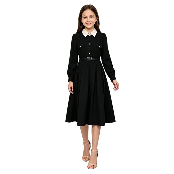 EnJoCho Girls Long Sleeve Midi Dress Contrast Collar Belted Pleated A Line Formal Dress with Pockets Puff Sleeves for Party Wedding School Event Wear