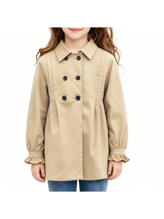 Girls Long Trench Coat, Kids Double Breasted Lapel Windbreaker with Ruffle Cuffs, British Style Casual Jacket for Fall Spring School Daily