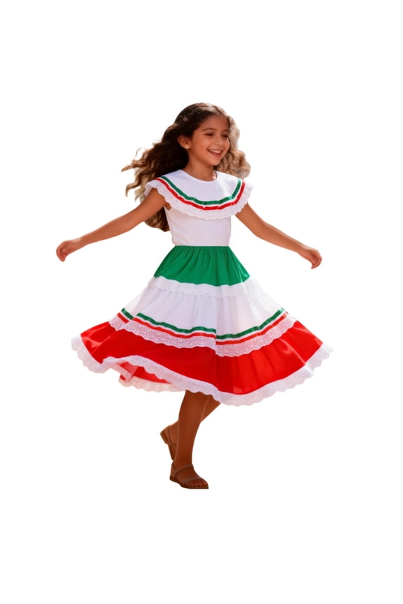 Girls Mexican Folklorico Traditional Dress Delicate Lace Trim Floral Satin Outfit for Little Girls Festival Carnival Birthday Cultural Performance Pageant Dress