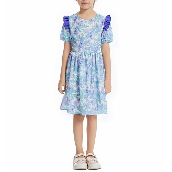 EnJoCho Girls Midi Flower Dress with Ruffl𝖾 Short Sleeve Kids Ruched Smoc𝗄ed Ruffl𝖾 A-Line Casual Maxi Dresses for Holiday