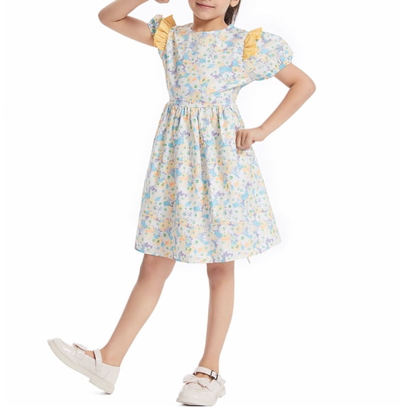 EnJoCho Girls Midi Flower Dress with Ruffl𝖾 Short Sleeve Kids Ruched Smoc𝗄ed Ruffl𝖾 A-Line Casual Maxi Dresses for Holiday