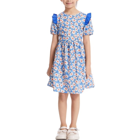 EnJoCho Girls Midi Flower Dress with Ruffl𝖾 Short Sleeve Kids Ruched Smoc𝗄ed Ruffl𝖾 A-Line Casual Maxi Dresses for Holiday