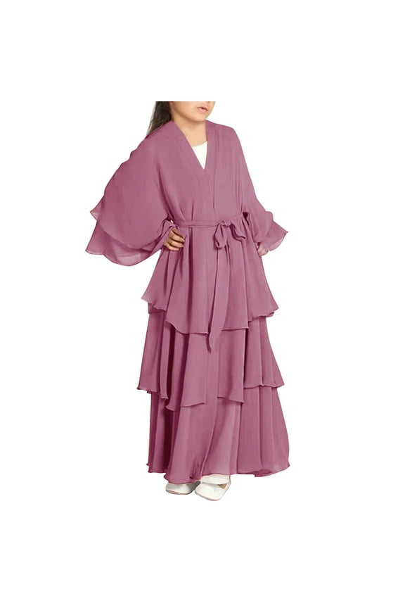 Girls Musli𝗆 Dress Girl Chiffon Butterfly Abaya 2026 Kids Abayas Dress for Girls Musli𝗆 Dress Chiffon Layered Islam Kaftan Robe Prayer Dresses with Belt 5-14Y