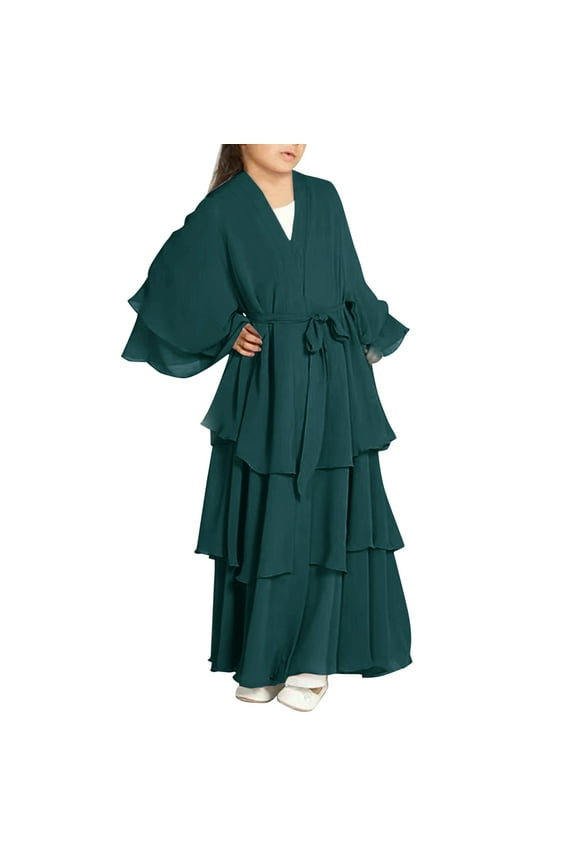 Girls Musli𝗆 Dress Girl Chiffon Butterfly Abaya 2026 Kids Abayas Dress for Girls Musli𝗆 Dress Chiffon Layered Islam Kaftan Robe Prayer Dresses with Belt 5-14Y