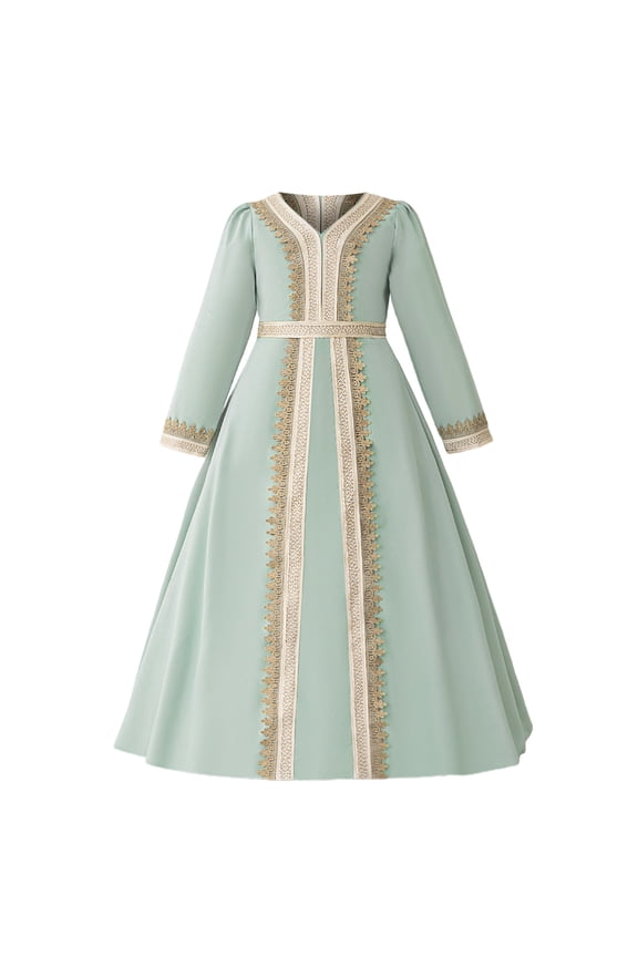 Girls Musli𝗆 Ramadan Abaya Dress Kids Long Sleeve V Neck Lace Prayer Dress Middle Eas𝗍 Arabic Kaftan Dress with Belt For 4-8 Years