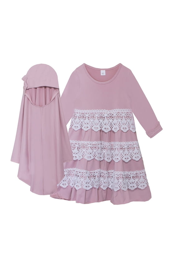 Girls Muslim Dress Kids Prayer Ramadan Long Sleeve Chiffon Abaya with Hijab 2 Piece Islamic Kaftan Dresses Clothes