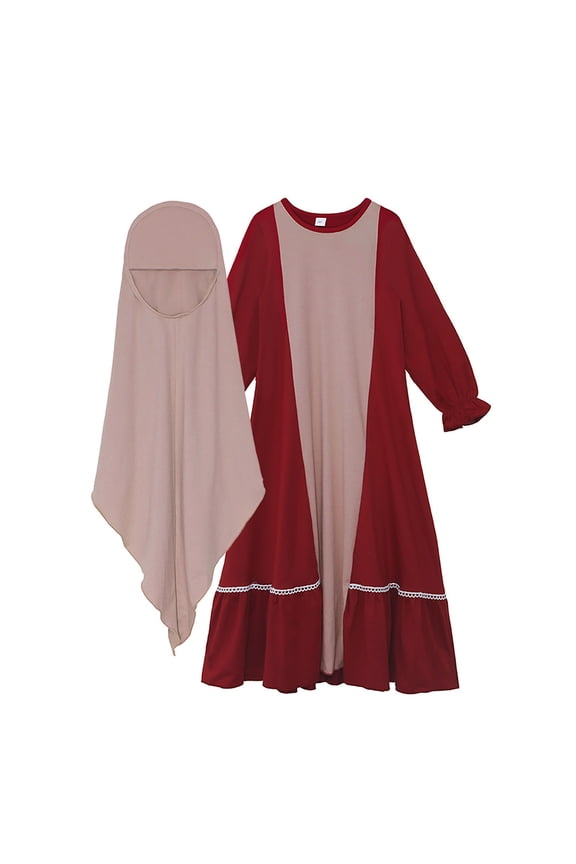 Girls Muslim Dress Kids Prayer Ramadan Long Sleeve Chiffon Abaya with Hijab 2 Piece Islamic Kaftan Dresses Clothes