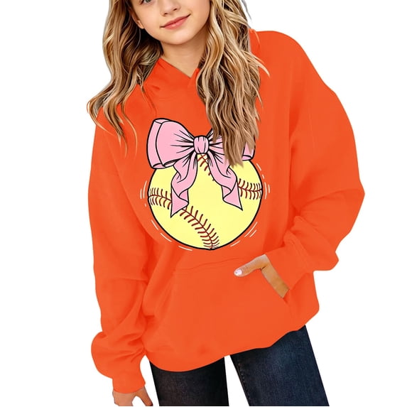 EnJoCho Girls Oversized Hoodie Softball Bow Graphic Pullover Hooded Sweatshirt Long Sleeve Front Pocket Casual Fall Winter School Sporty for Kids Teens