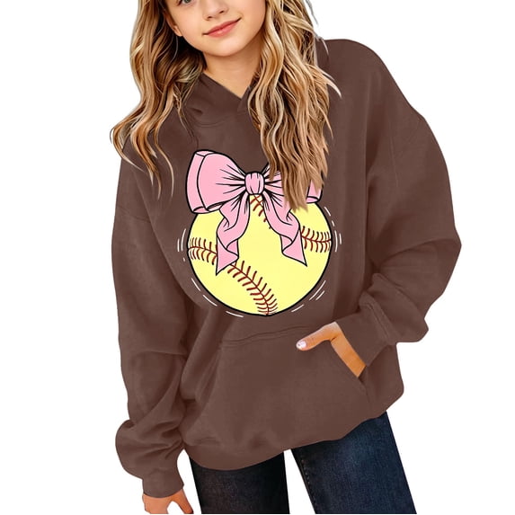 EnJoCho Girls Oversized Hoodie Softball Bow Graphic Pullover Hooded Sweatshirt Long Sleeve Front Pocket Casual Fall Winter School Sporty for Kids Teens