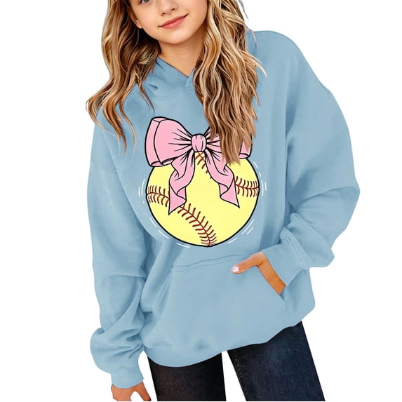 EnJoCho Girls Oversized Hoodie Softball Bow Graphic Pullover Hooded Sweatshirt Long Sleeve Front Pocket Casual Fall Winter School Sporty for Kids Teens