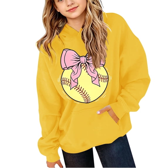 EnJoCho Girls Oversized Hoodie Softball Bow Graphic Pullover Hooded Sweatshirt Long Sleeve Front Pocket Casual Fall Winter School Sporty for Kids Teens